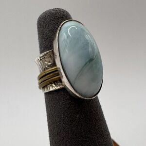 925 Sterling Silver Wide Band Spinner Ring Blue Oval Cabochon Stone Size 4